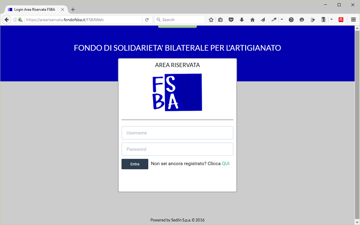 1. Login applicazione Il sistema di presentazione delle domande di sospensione/riduzione per FSBA permette la richiesta di autenticazione ai soggetti Azienda già censiti in anagrafica.