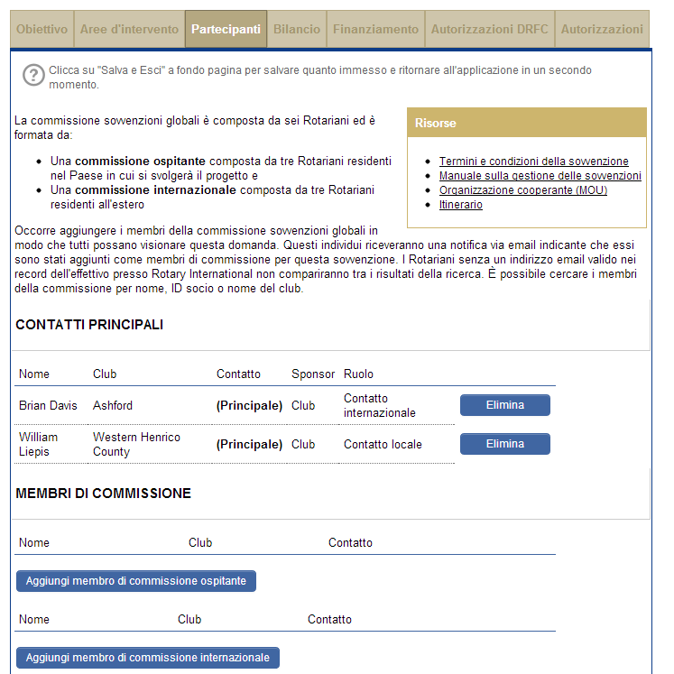 Sulla pagina Partecipanti, inserire le informazioni su tutti i partecipanti alla sovvenzione.