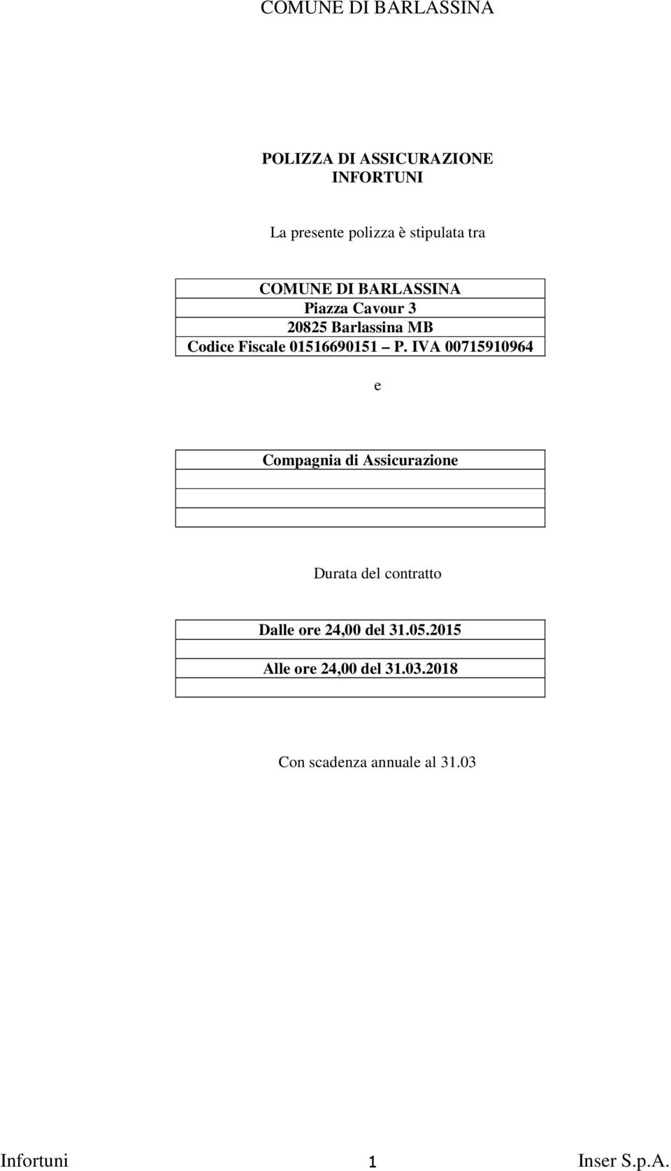 IVA 00715910964 e Compagnia di Assicurazione Durata del contratto Dalle ore