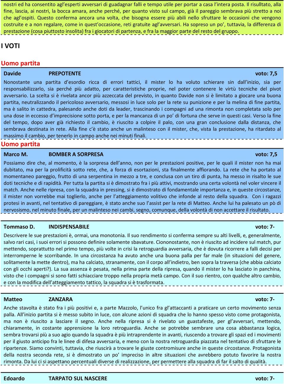 Questo conferma ancora una volta, che bisogna essere più abili nello sfruttare le occasioni che vengono costruite e a non regalare, come in quest occasione, reti gratuite agl avversari.