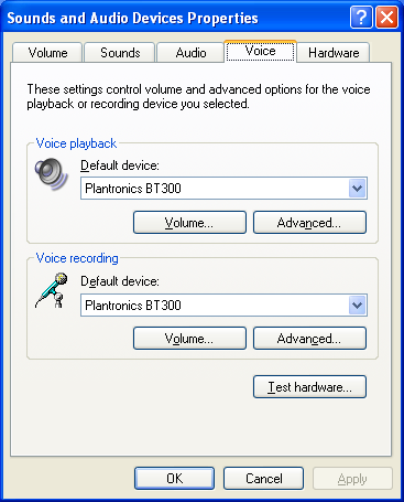Configurazione audio PC per Windows XP (per arrivare a questa schermata: Start > Pannello di controllo> Suoni e periferiche audio) Impostazione predefinita: tutti i suoni e l'audio PC vengono