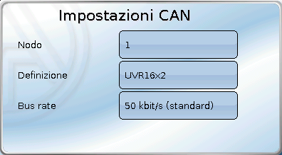 CAN-Bus Impostazioni CAN Nodo Definizione del numero di nodo CAN specifico (range di impostazione: 1 62).