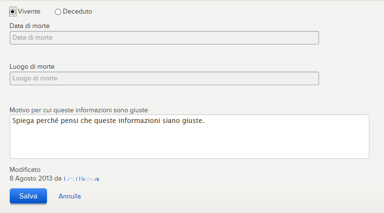 Aggiungere e correggere informazioni relative a persone e rapporti di... 4. Per modificare lo stato di una persona da vivente a deceduta, segui questi passi: a. Clicca su Deceduto. b.