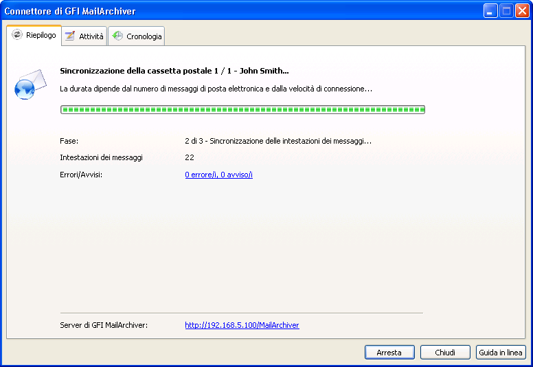 Monitoraggio connettore Outlook Per monitorare lo stato di avanzamento della sincronizzazione: Microsoft Outlook 2000/3/7: fare clic sulla barra degli strumenti di GFI MailArchiver e dall'elenco a