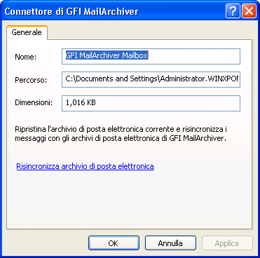 Impostazioni del database Il connettore Outlook di GFI MailArchiver archivia in un data base locale i seguenti dati: Intestazioni di tutti i messaggi di posta elettronica presenti negli archivi di