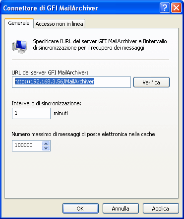 Schermata 3 Immissione dei dettagli di autenticazione Impostazioni di sincronizzazione Per accedere alle impostazioni del connettore Outlook di GFI MailArchiver: 1. Avviare Microsoft Outlook. 2.