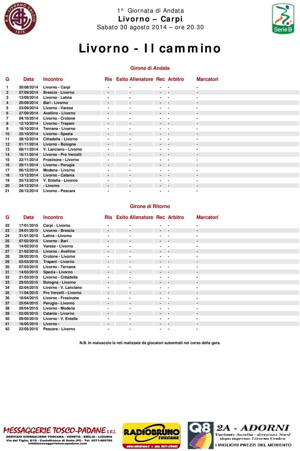 - Trapani - - - - - 9 18/10/2014 Ternana - Livorno - - - - - 10 25/10/2014 Livorno - Spezia - - - - - 11 28/10/2014 Cittadella - Livorno - - - - - 12 01/11/2014 Livorno - Bologna - - - - - 13