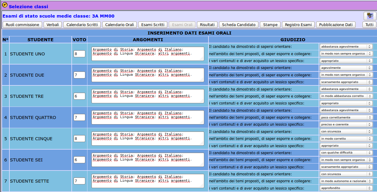 Esami Scritti In quest area è possibile caricare i risultati delle prove scritte specificando, oltre al voto, anche il tipo di traccia scelto da ciascuno