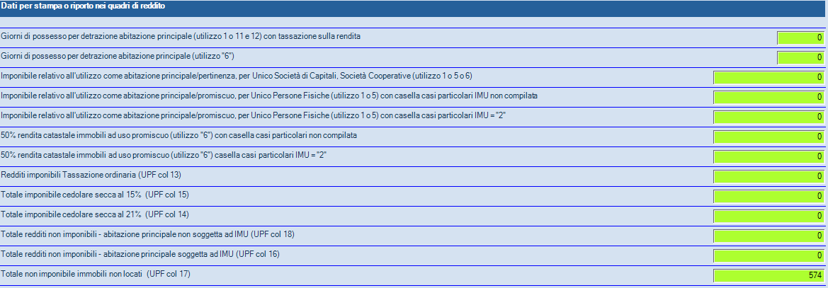 Reddito da fabbricati imponibile Reddito imponibile cedolare secca 15% (UPF col.