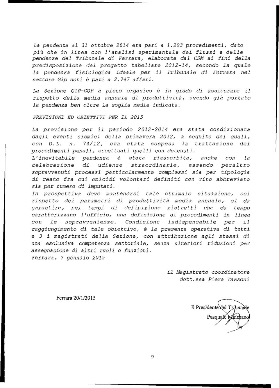 2012-14, secondo la quale la pendenza fisiologica ideale per il Tribunale di Ferrara nel settore Gip noti è pari a 2.747 affari.