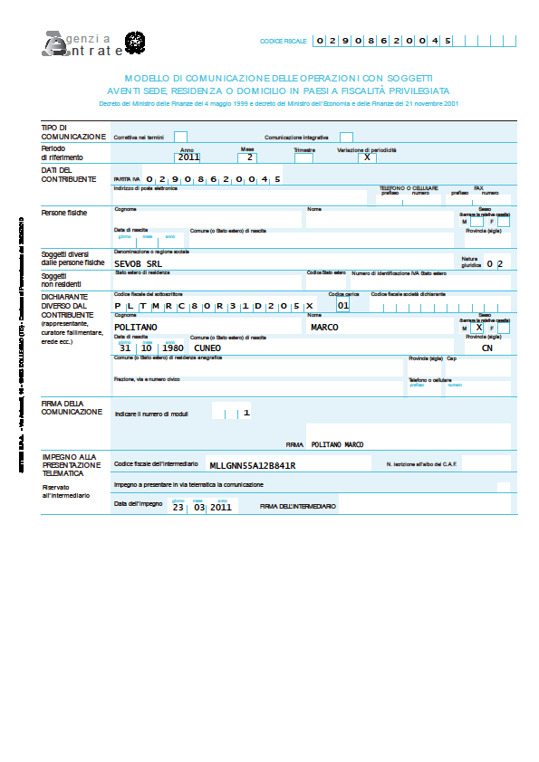 Caso pratico 1 Soluzione: Presentazione di due comunicazioni black list entro il 31 marzo 2011