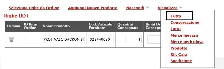 Figura 16: Selezione Righe da Ordine In alto è predisposta un area di filtro per ricercare un prodotto in base ad uno o più criteri.