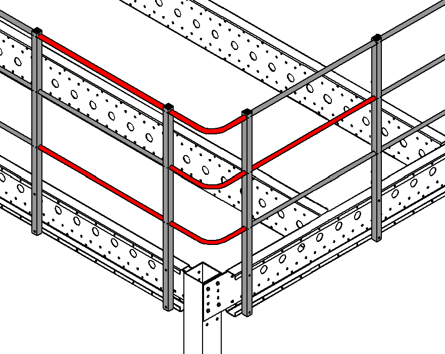 RINGHIERA PARAPETTO Fissare i colonnini alle travi con 2 viti M10x25. Quindi inserire i tubi, Ø25 mm in basso e Ø30 mm in alto, quindi bloccarli dal lato interno con viti autoforanti M4,2x22.