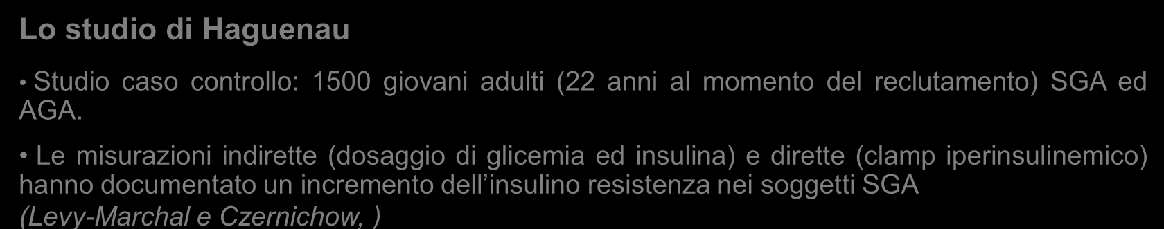 Concentrazione media di insulina a digiuno (mui/l) Captazione periferica media del glucosio (mg/kgffm/min) Insulino-resistenza e SGA Dal 1993, molti studi hanno documentato insulino-resistenza in