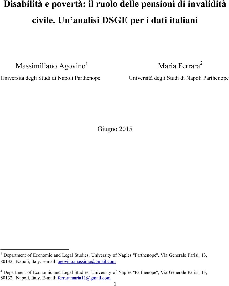 di Napoli Parthenope Giugno 2015 1 Department of Economic and Legal Studies, University of Naples ''Parthenope'', Via Generale Parisi, 13,