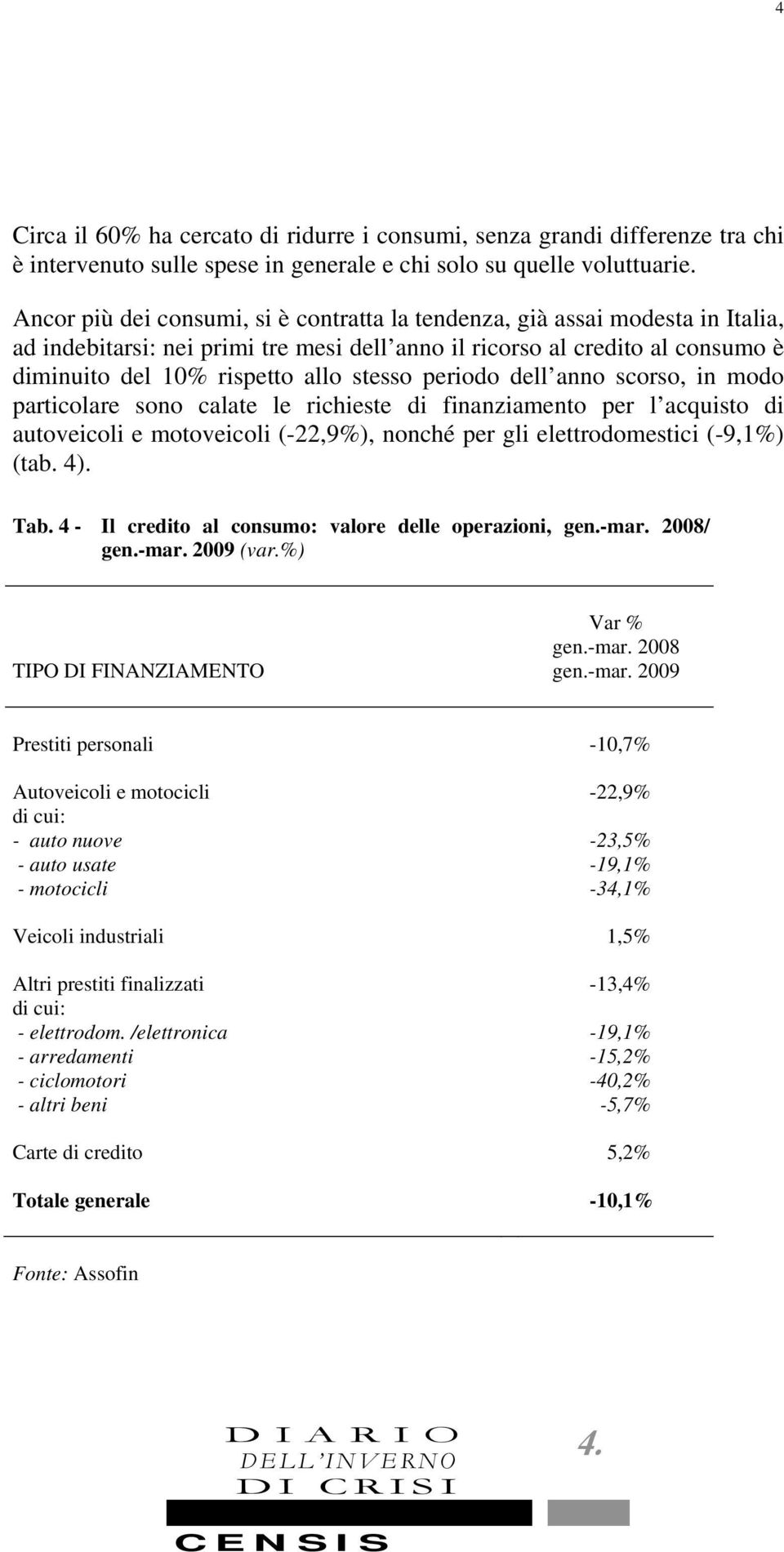 periodo dell anno scorso, in modo particolare sono calate le richieste di finanziamento per l acquisto di autoveicoli e motoveicoli (-22,9%), nonché per gli elettrodomestici (-9,1%) (tab. 4). Tab.