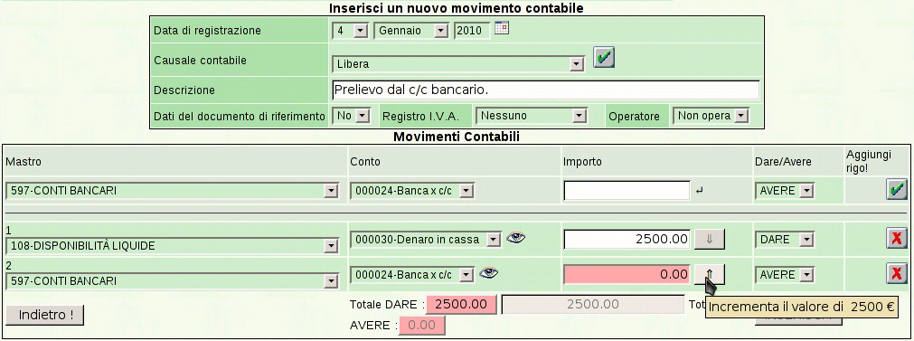 Esercitazione con la contabilità generale (coge1) 767 Non avendo inserito l importo, si può osservare che viene segnalato uno sbilancio; in particolare, viene suggerito che l importo del conto «banca