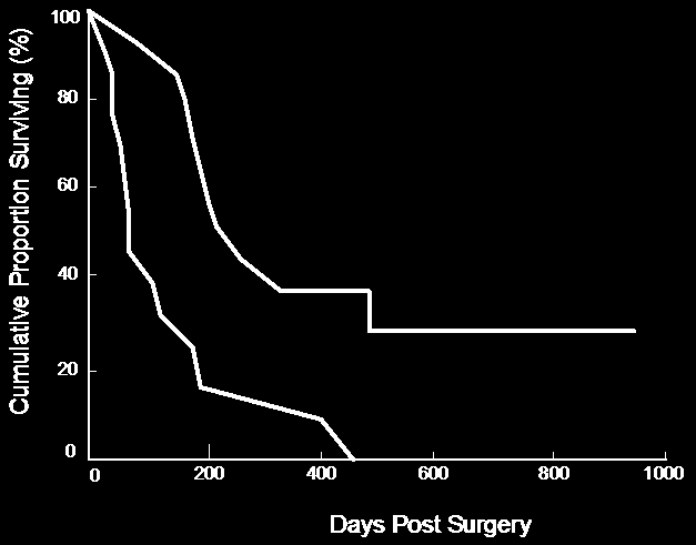 Improved Survival in Canine Osteosarcoma Cumulative Proportion Surviving (%) 100 80 Mepact 2mg/m 2 twice weekly x 8 weeks, n=14 Placebo liposomes (same schedule), n=13 60 40 p < 0.