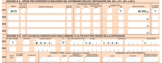 ESEMPIO 3 Ad aprile 2015 il sig. Rossi acquista insieme al fratello un box pertinenziale alla casa di abitazione che i due hanno in comproprietà. La spesa totale sostenuta ammonta ad euro 45.