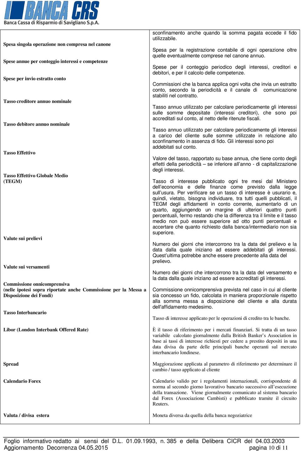 Fondi) Tasso Interrio Libor (London Interbank Offered Rate) Spread Calendario Forex Valuta / divisa estera sconfinamento anche quando la somma pagata eccede il fido utilizzabile.