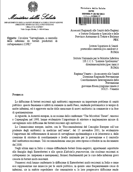 Circolare ministeriale del 26/02/2013 sulla «Sorveglianza e controllo delle infezioni da batteri produttori di carbapenemasi (CPE)» Istituzione di un