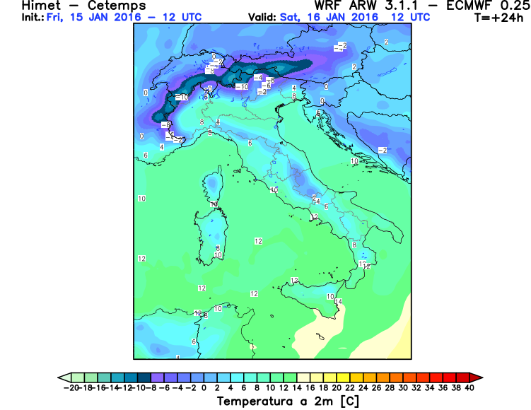 2.6 16.01.2016 Sabato Carta sinottica dell'europa Centro Occidentale al suolo Pressione Precipitazione cumulata e vento Copertura nuvolosa Temperatura a 2m dal suolo Situazione: Ondata di freddo.