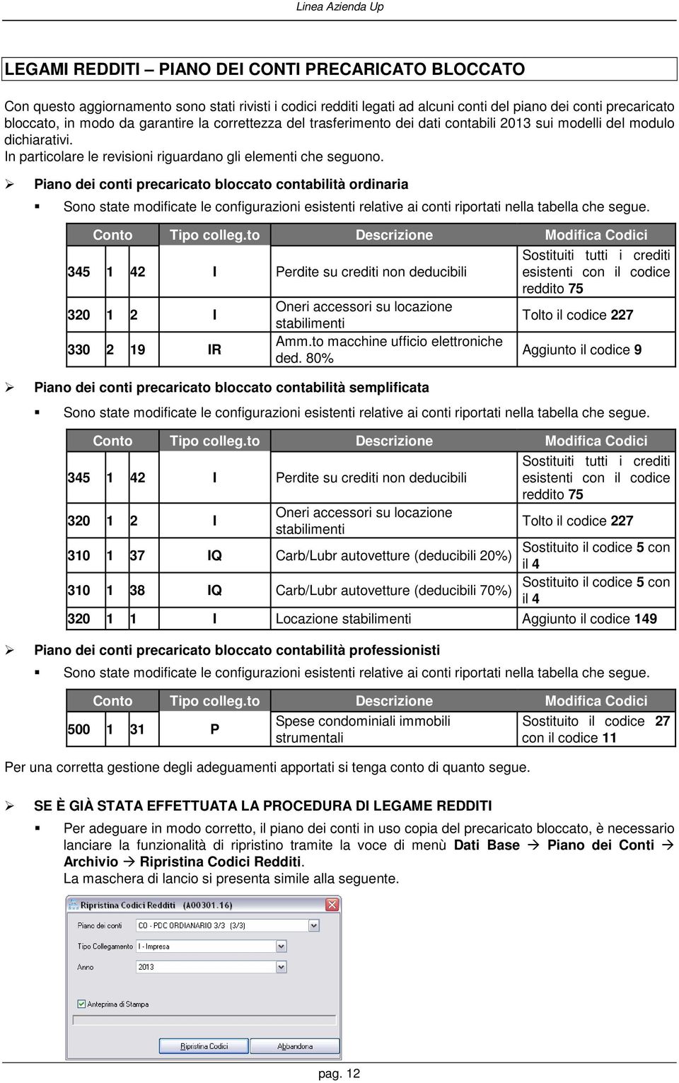 Piano dei conti precaricato bloccato contabilità ordinaria Sono state modificate le configurazioni esistenti relative ai conti riportati nella tabella che segue. Conto Tipo colleg.