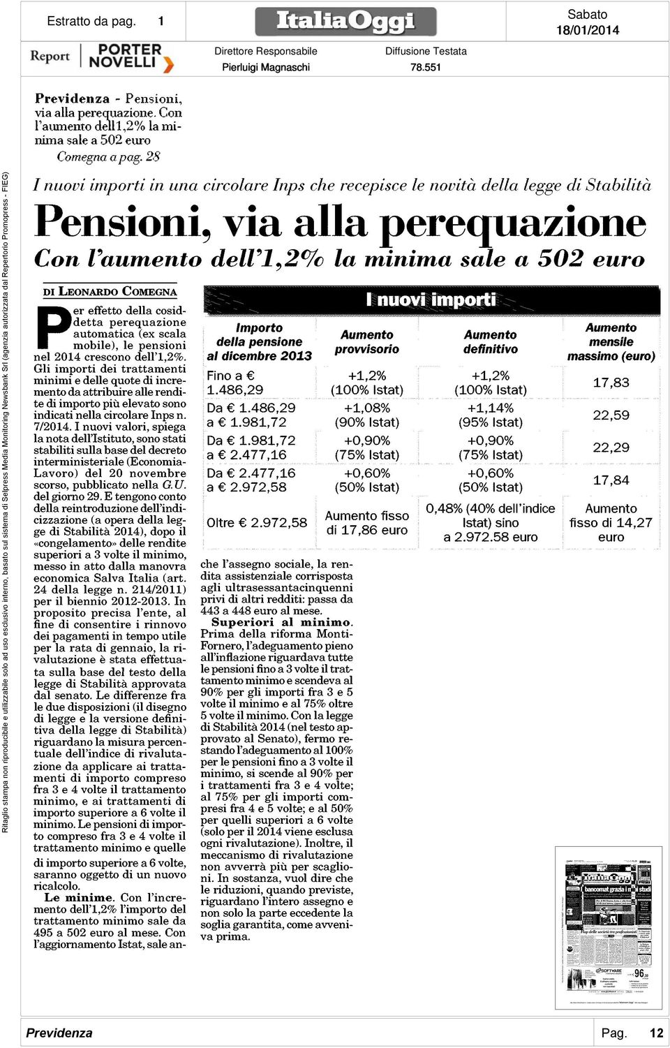 effetto della cosiddetta perequazione automatica (ex scala mobile), le pensioni nel 2014 crescono dell'1,2%.