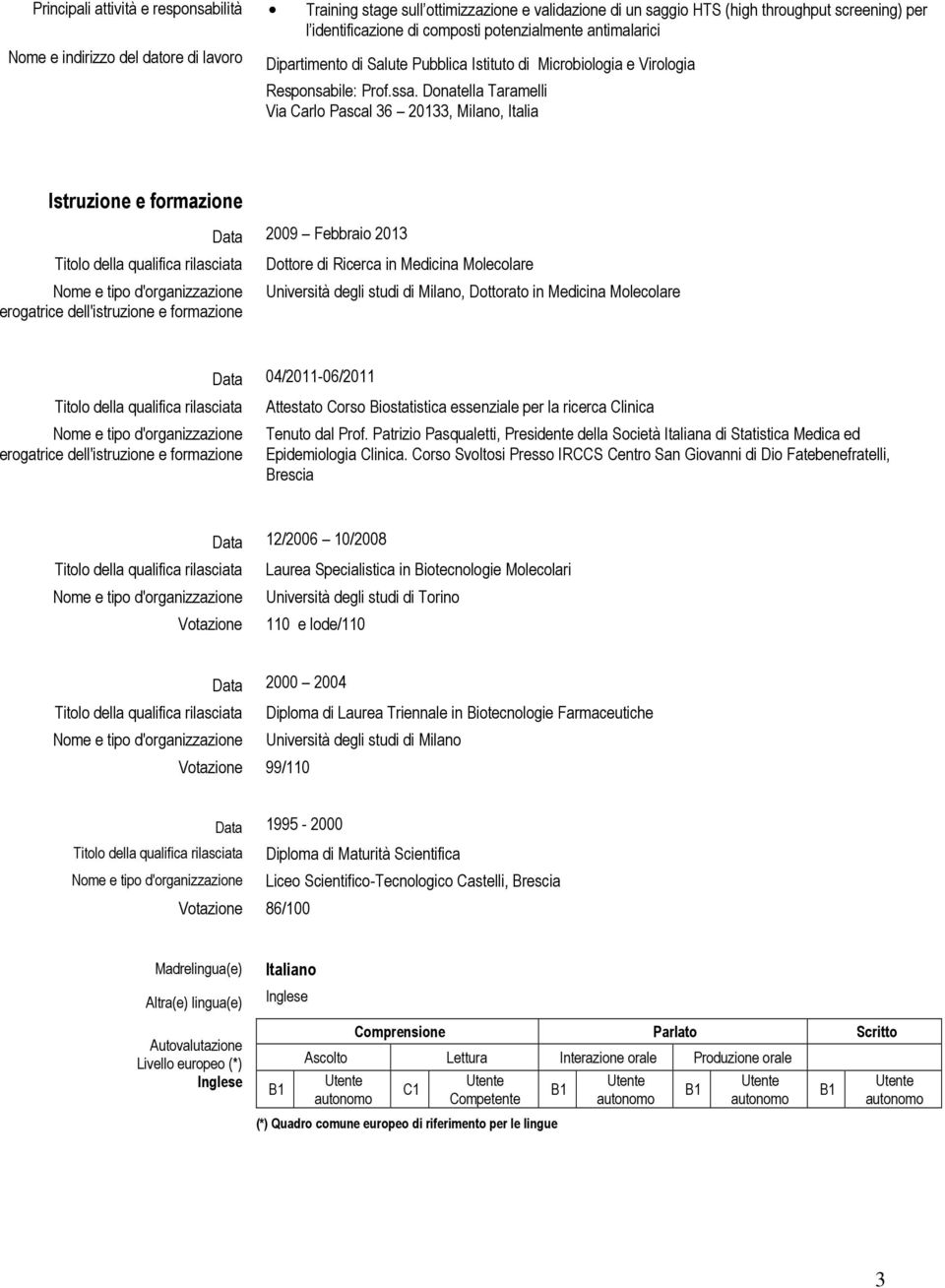 Dnatella Taramelli Via Carl Pascal 36 20133, Milan, Italia Istruzine e frmazine Titl della qualifica rilasciata Nme e tip d'rganizzazine ergatrice dell'istruzine e frmazine Data 2009 Febbrai 2013