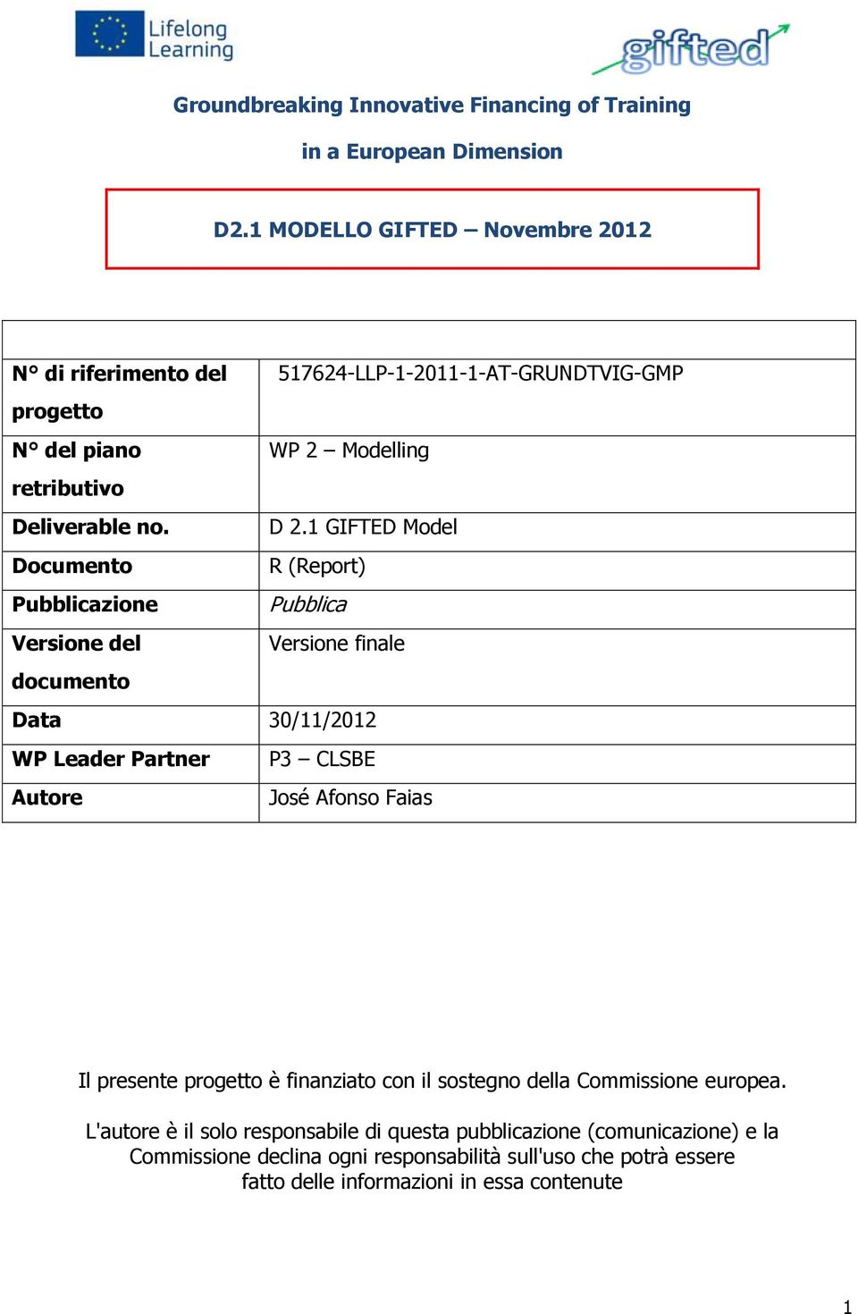 1 GIFTED Mdel Dcument R (Reprt) Pubblicazine Pubblica Versine del Versine finale dcument Data 30/11/2012 WP Leader Partner P3 CLSBE Autre Jsé Afns Faias