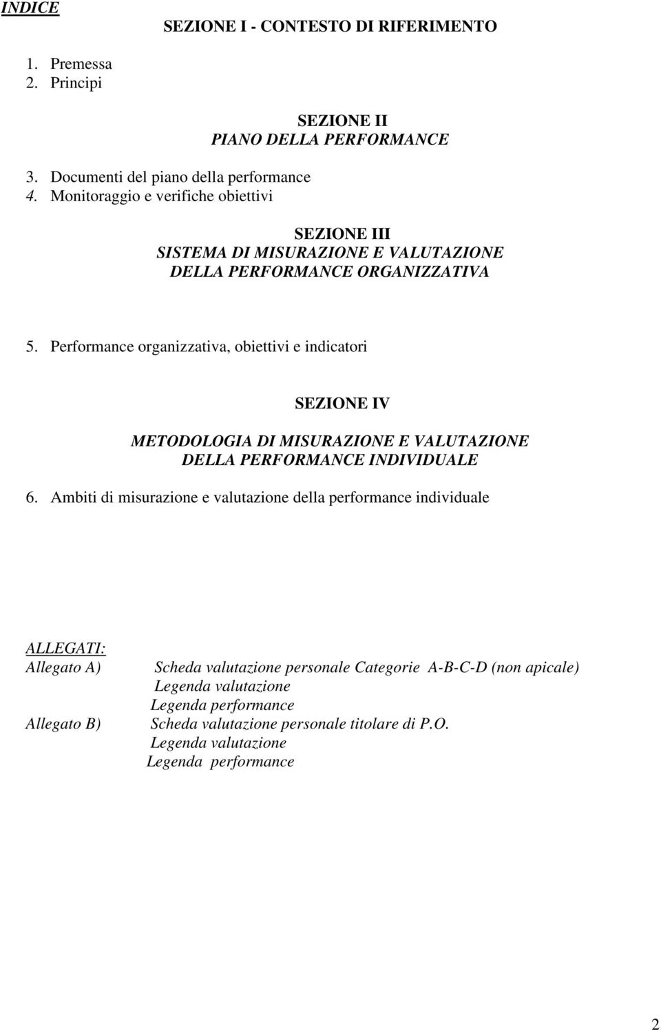 Performance organizzativa, obiettivi e indicatori SEZIONE IV METODOLOGIA DI MISURAZIONE E VALUTAZIONE DELLA PERFORMANCE INDIVIDUALE 6.