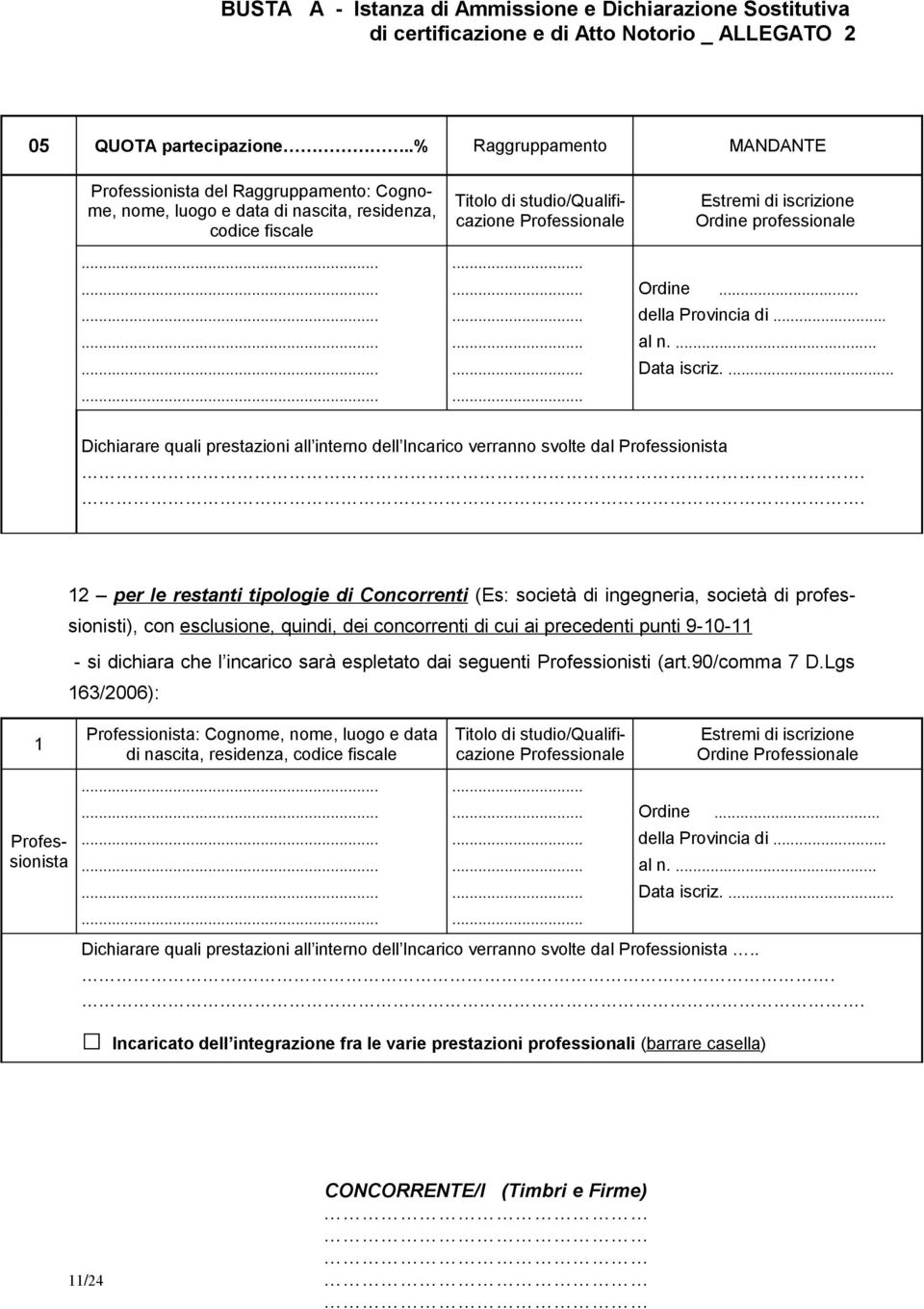 . 12 per le restanti tipologie di Concorrenti (Es: società di ingegneria, società di professionisti), con esclusione, quindi, dei concorrenti di cui ai precedenti punti 9-10-11 - si dichiara che l