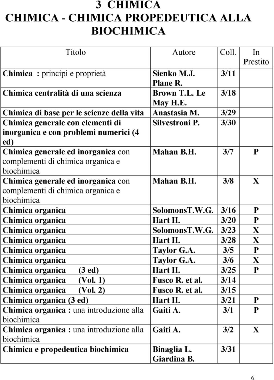 3/30 inorganica e con problemi numerici (4 ed) Chimica generale ed inorganica con Mahan B.H. 3/7 P complementi di chimica organica e biochimica Chimica generale ed inorganica con Mahan B.H. 3/8 X complementi di chimica organica e biochimica Chimica organica SolomonsT.