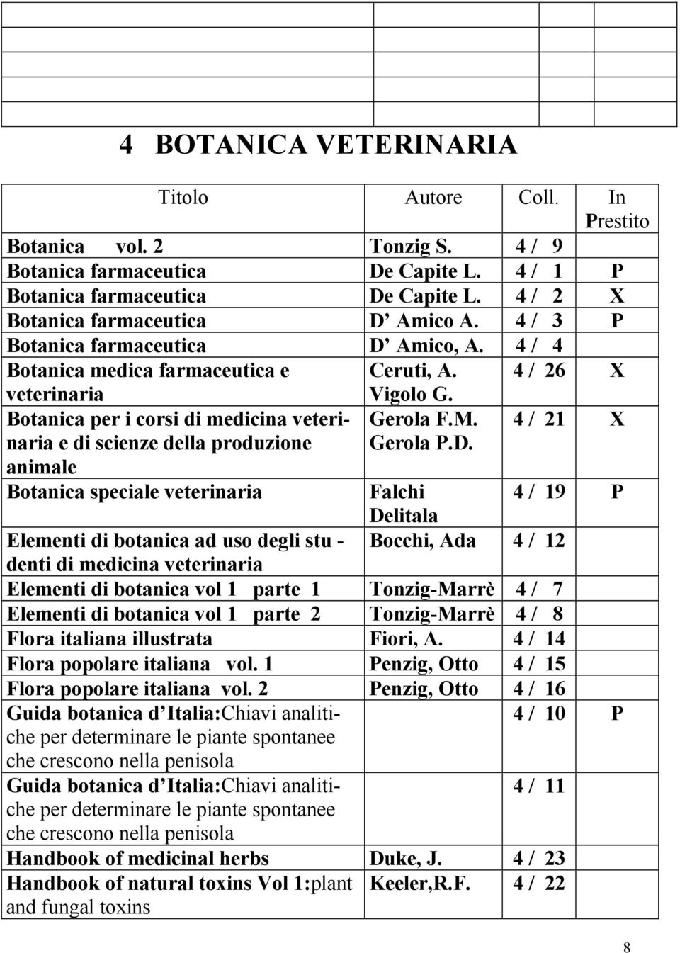 4 / 26 X veterinaria Botanica per i corsi di medicina veterinaria e di scienze della produzione animale Botanica speciale veterinaria Vigolo G. Gerola F.M. Gerola P.D.