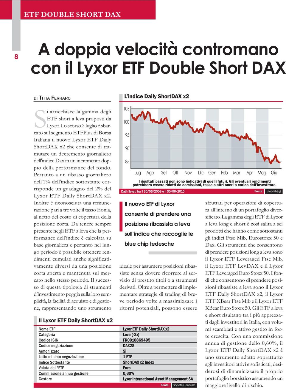 della performance del fondo. Pertanto a un ribasso giornaliero dell'1% dell'indice sottostante corrisponde un guadagno del 2% del Lyxor ETF Daily ShortDAX x2.