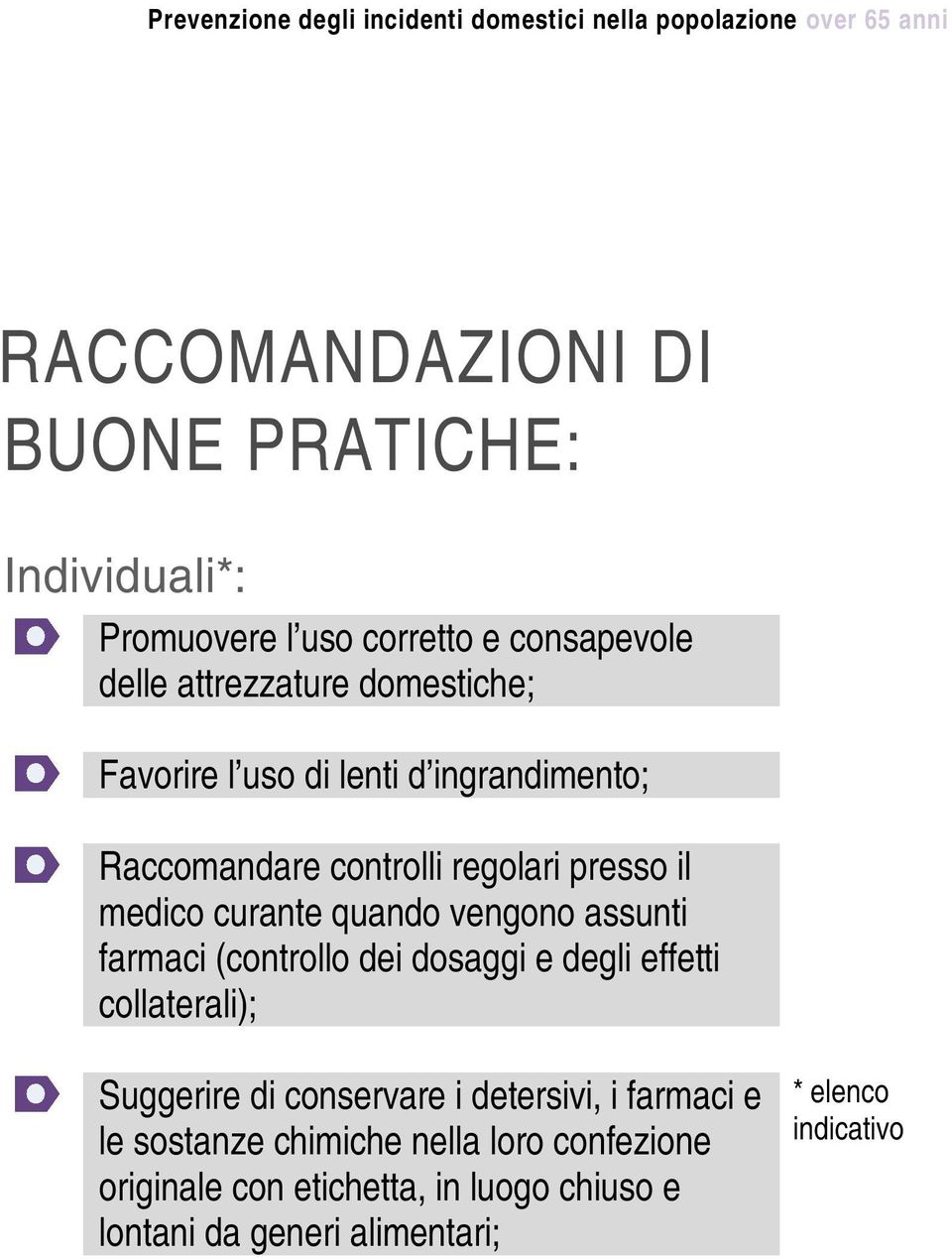 farmaci (controllo dei dosaggi e degli effetti collaterali); Suggerire di conservare i detersivi, i farmaci e le sostanze