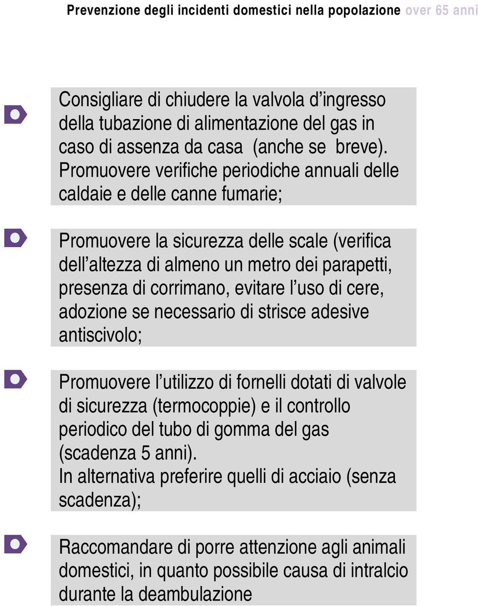 corrimano, evitare l uso di cere, adozione se necessario di strisce adesive antiscivolo; Promuovere l utilizzo di fornelli dotati di valvole di sicurezza (termocoppie) e il controllo