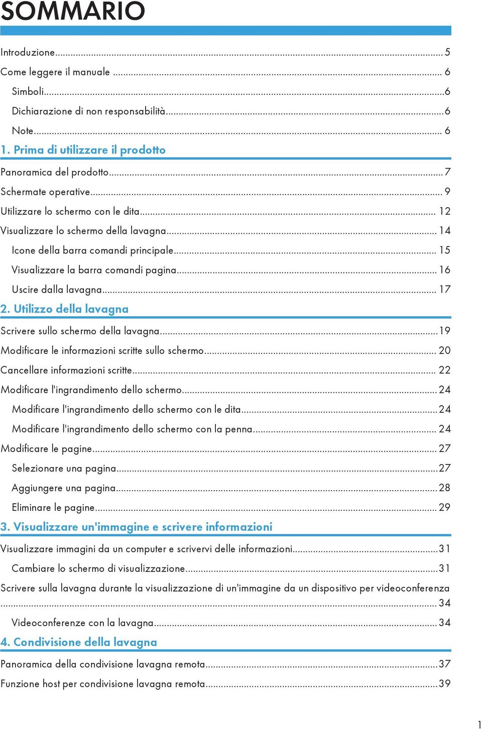 .. 17 2. Utilizzo della lavagna Scrivere sullo schermo della lavagna...19 Modificare le informazioni scritte sullo schermo... 20 Cancellare informazioni scritte.