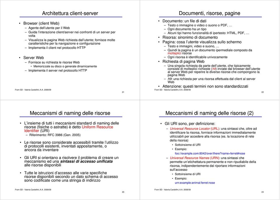 dinamicamente Implementa il server nel protocollo HTTP 21 Documenti, risorse, pagine Documento: un file di dati Testo o immagine o video o suono o PDF, Ogni documento ha un tipo Alcuni tipi hanno