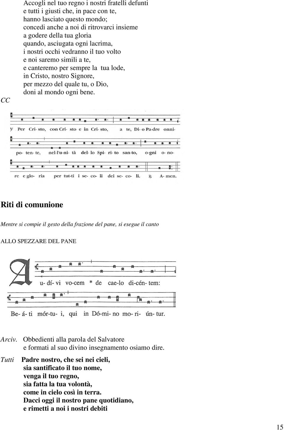 bene. Riti di comunione Mentre si compie il gesto della frazione del pane, si esegue il canto ALLO SPEZZARE DEL PANE Arciv.