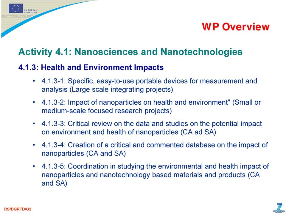1.3-4: Creation of a critical and commented database on the impact of nanoparticles (CA and SA) 4.1.3-5: Coordination in studying the environmental and health impact of nanoparticles and nanotechnology based materials and products (CA and SA)