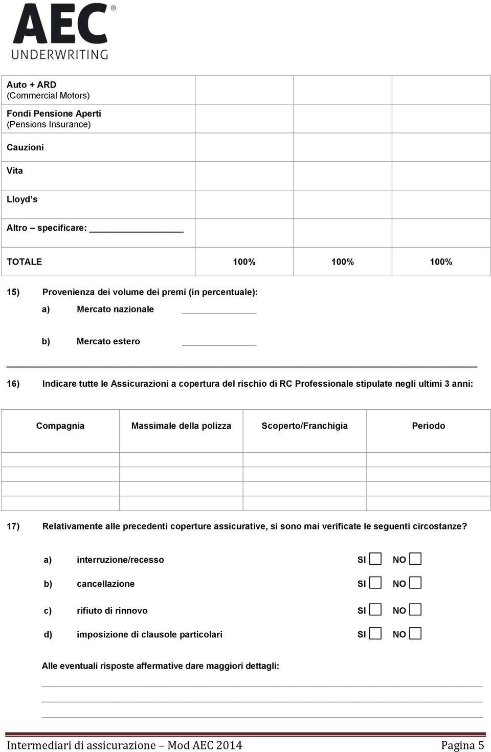 Massimale della polizza Scoperto/Franchigia Periodo 17) Relativamente alle precedenti coperture assicurative, si sono mai verificate le seguenti circostanze?