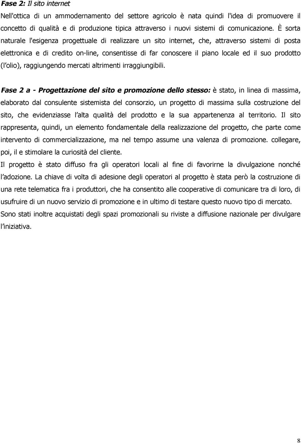 È sorta naturale l'esigenza progettuale di realizzare un sito internet, che, attraverso sistemi di posta elettronica e di credito on-line, consentisse di far conoscere il piano locale ed il suo