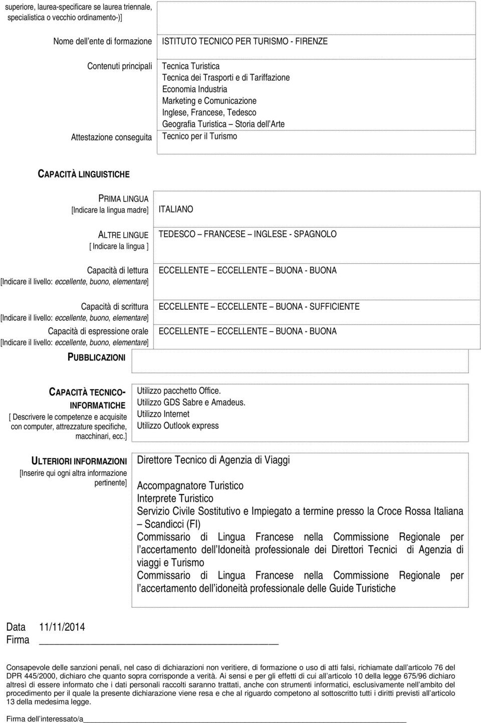 CAPACITÀ LINGUISTICHE PRIMA LINGUA [Indicare la lingua madre] ALTRE LINGUE [ Indicare la lingua ] Capacità di lettura [Indicare il livello: eccellente, buono, elementare] ITALIANO TEDESCO FRANCESE