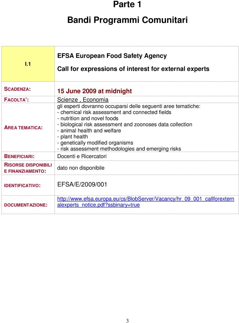 DOCUMENTAZIONE: 15 June 2009 at midnight Scienze, Economia gli esperti dovranno occuparsi delle seguenti aree tematiche: - chemical risk assessment and connected fields - nutrition and novel