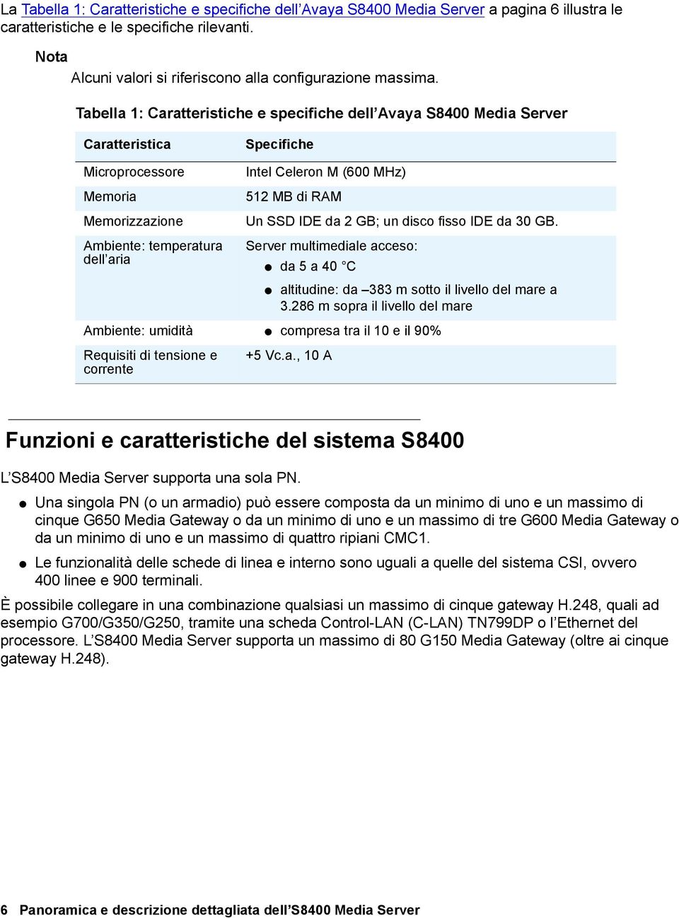 Tabella 1: Caratteristiche e specifiche dell Avaya S8400 Media Server Caratteristica Specifiche Microprocessore Memoria Memorizzazione Ambiente: temperatura dell aria Intel Celeron M (600 MHz) 512 MB