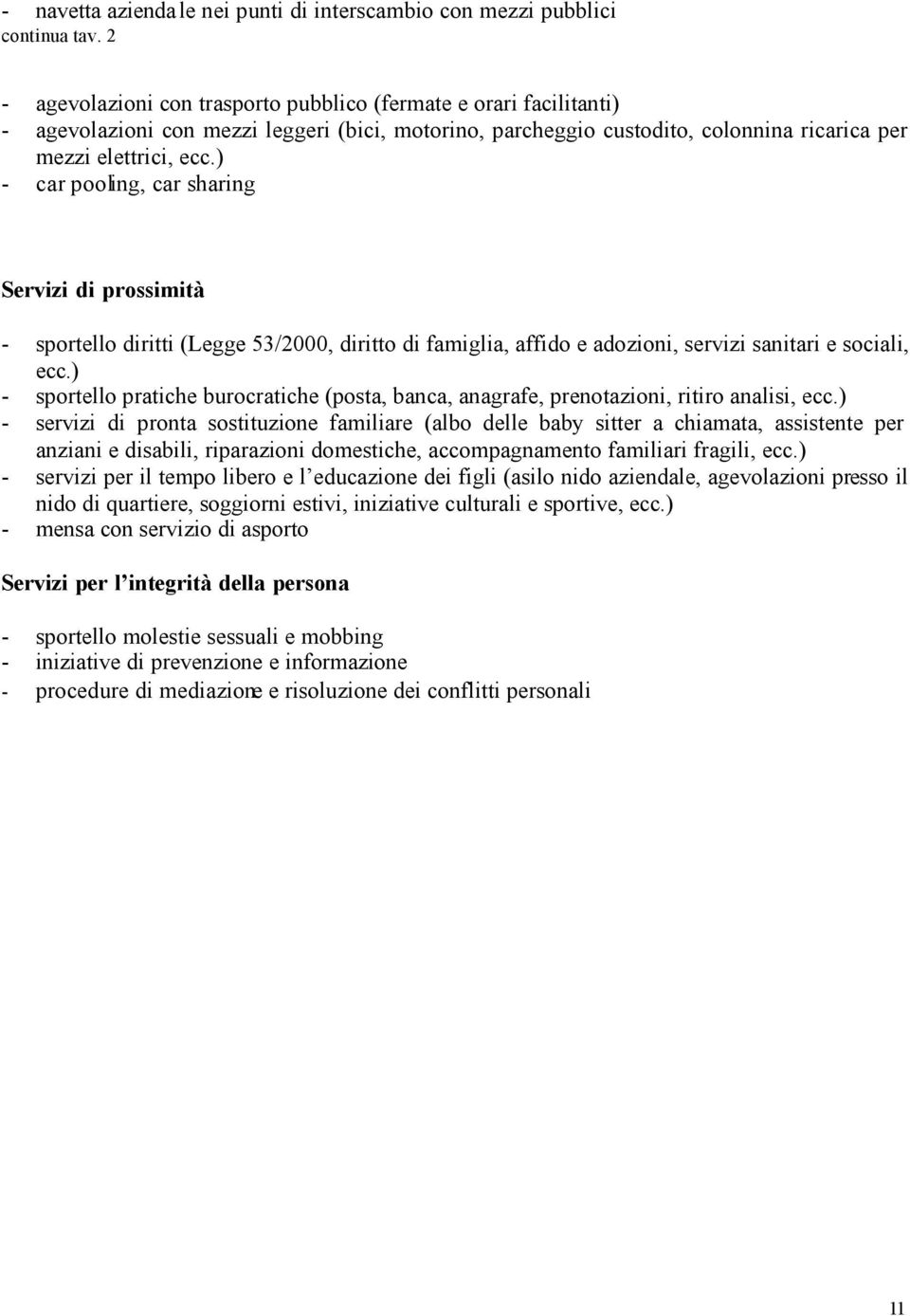 ) - car pooling, car sharing Servizi di prossimità - sportello diritti (Legge 53/2000, diritto di famiglia, affido e adozioni, servizi sanitari e sociali, ecc.