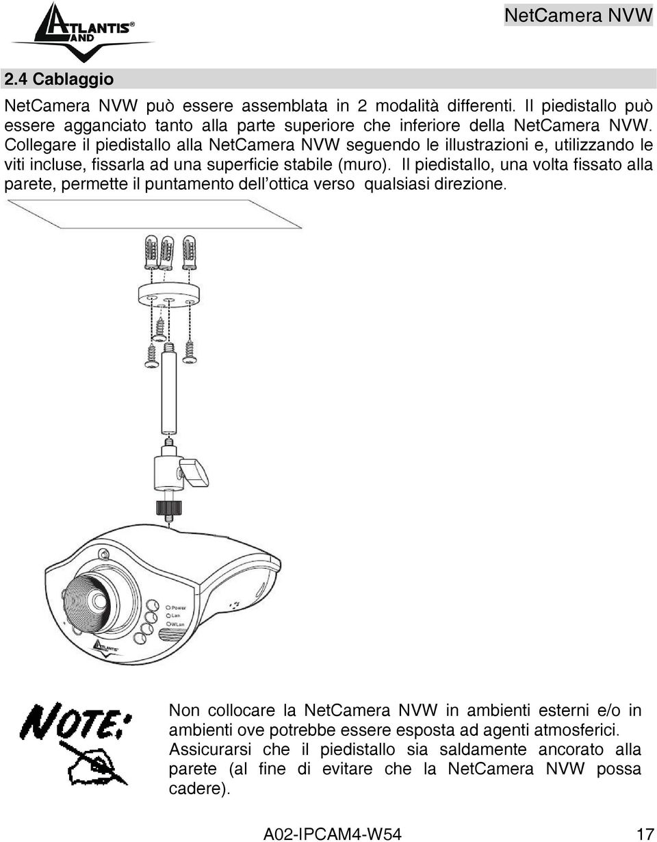 Collegare il piedistallo alla NetCamera NVW seguendo le illustrazioni e, utilizzando le viti incluse, fissarla ad una superficie stabile (muro).