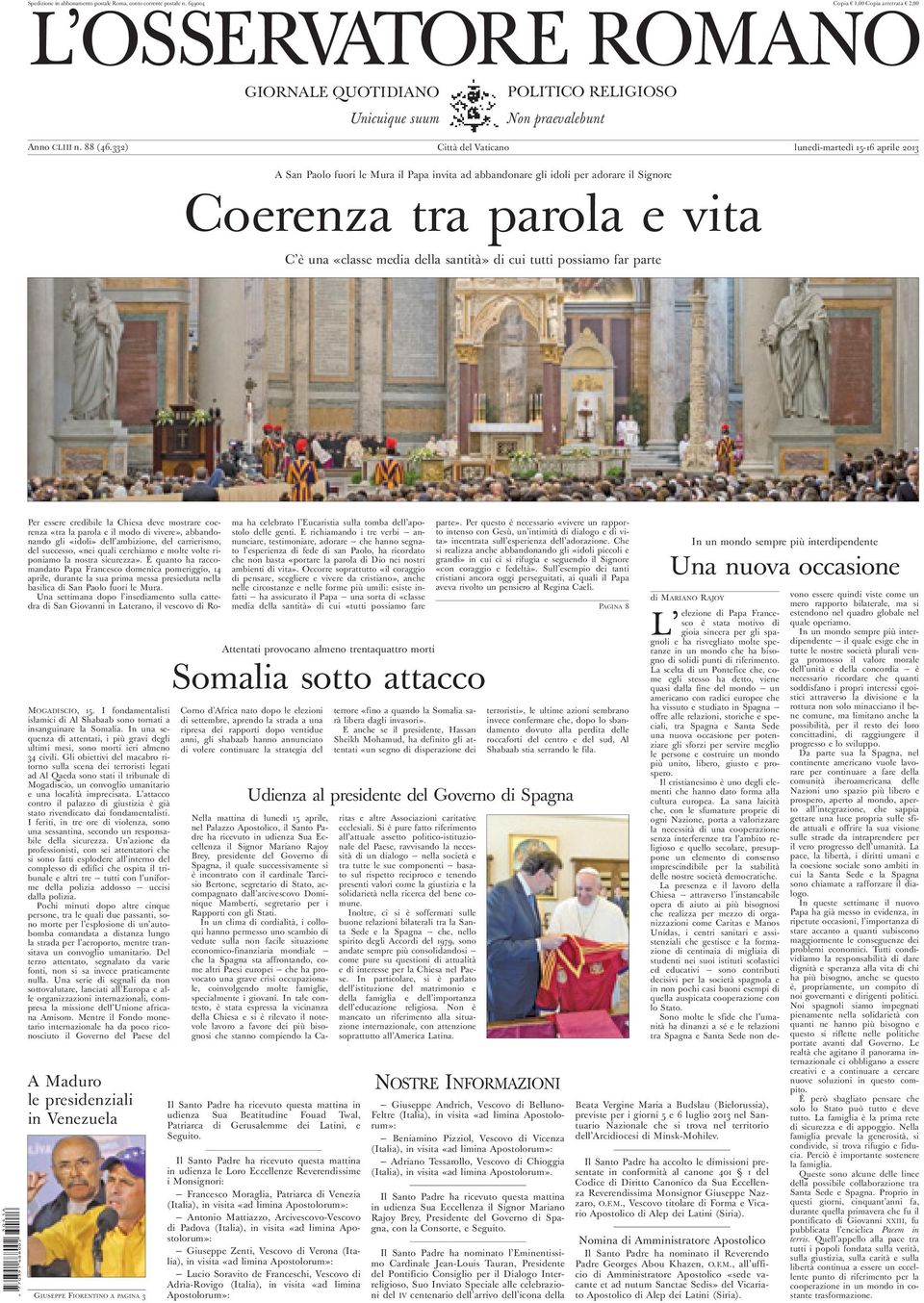 332) Città del Vaticano lunedì-martedì 15-16 aprile 2013.