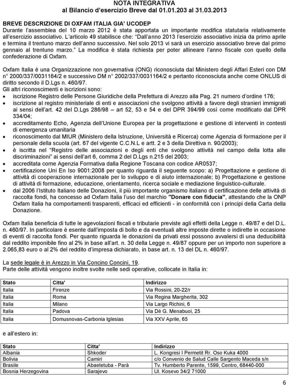 L articolo 49 stabilisce che: Dall anno 2013 l esercizio associativo inizia da primo aprile e termina il trentuno marzo dell anno successivo.